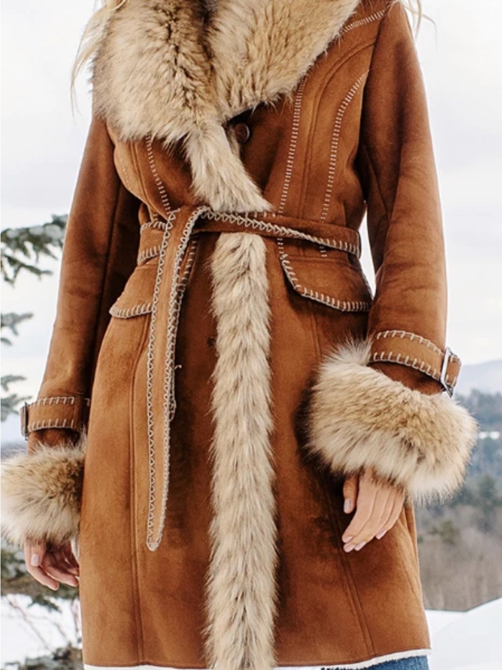NWOTDonna Salyers Fabulous Furs Brown Faux-Suede Trench Coat Style Faux-Fur Trim
